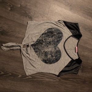 Grey shirt with black heart that ties at bottom